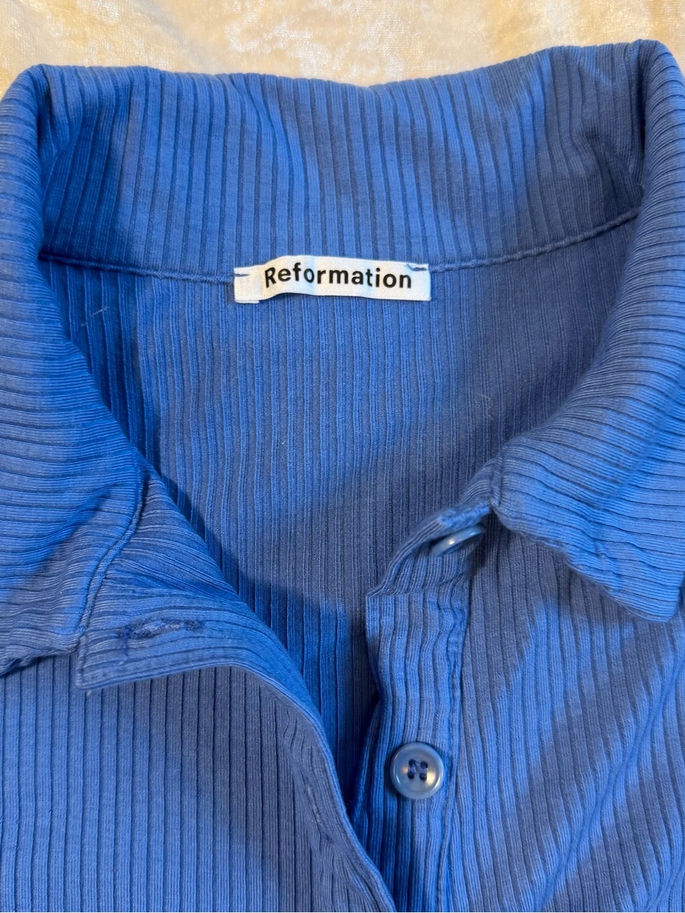 Reformation Blue Ribbed Ruched Button-Up Top – Size XL - Picture 2 of 5